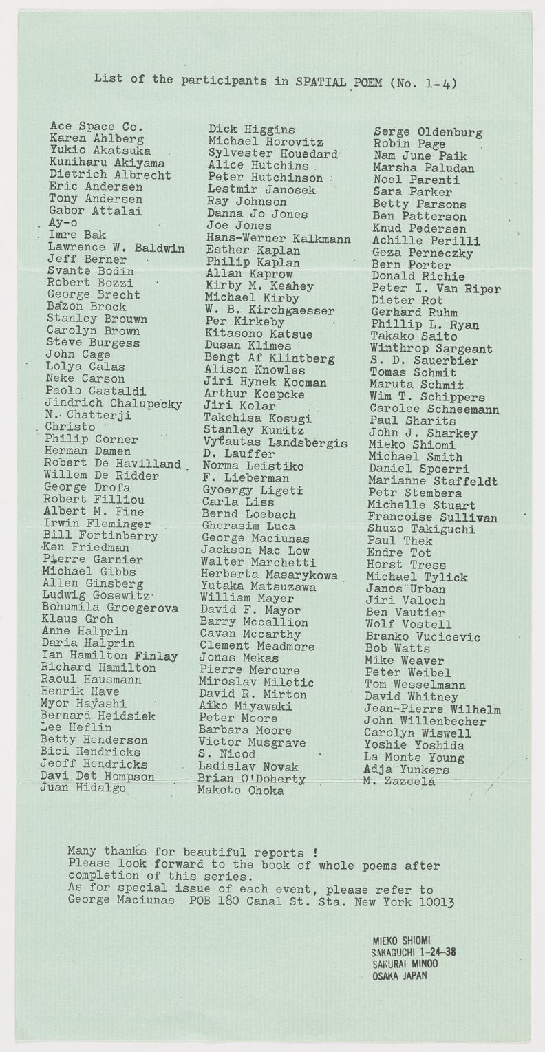 Long, rectangular blue cardstock with typewritten black English text. The top center reads, List of the participants in SPATIAL POEM, Number 1 through 4, followed by three columns of over fifty lines long, most containing first and last names. Below the columns are five short lines of text, followed by a stamped return address to Mieko Shiomi.