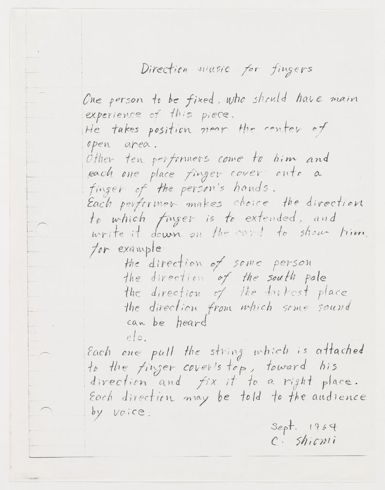 Photocopy of lined notebook paper with handwritten English text on it. It is titled, Direction music for fingers, at the top center, followed by three sentences, one five-point list, and another two sentences, with each sentence starting on a new line. It is signed, September 1964, C. Shiomi at the bottom right. Text fills the length of the page.