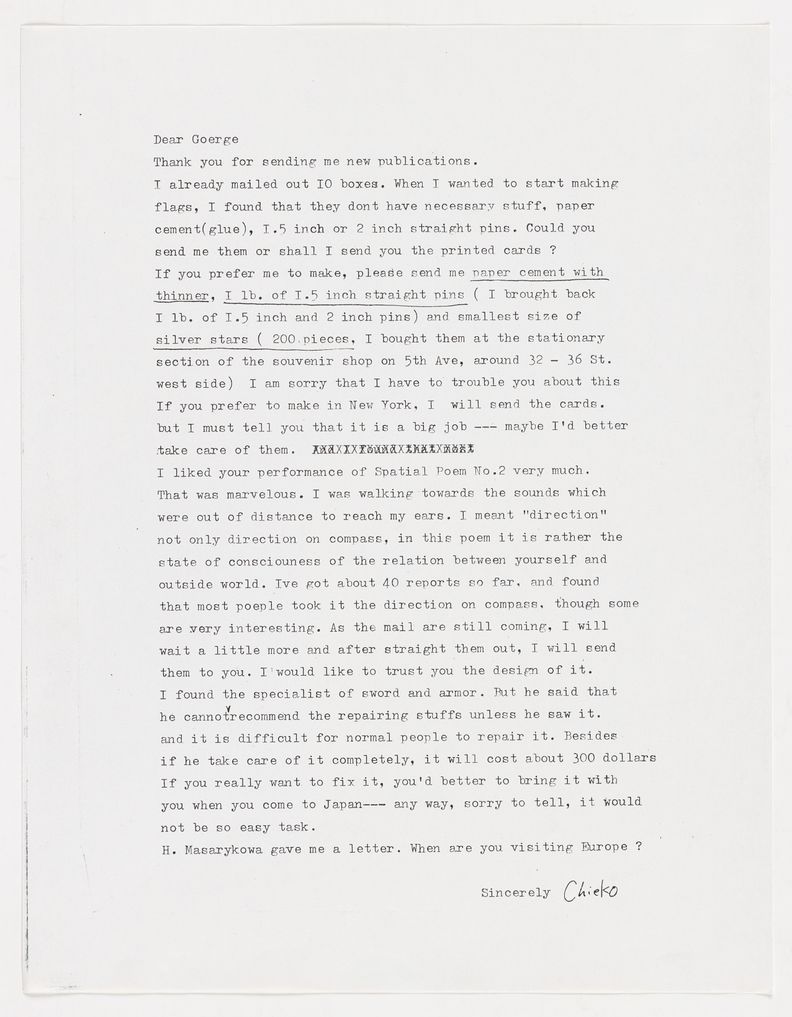 Typewritten correspondence in English on blank white page. At top left, the first line reads, Dear George, followed by two left-aligned paragraphs that span the length of the page. It is signed by Chieko at the bottom right. The entire page utilizes wide margins.