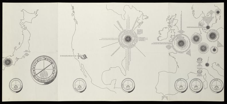 A rolled out paper map showing Japan on the left, North America in the center, and Europe on the right. Japan is the same size as the other two areas. Various circles are drawn throughout the map, some of which have small text associated with them. Small text is also present elsewere.