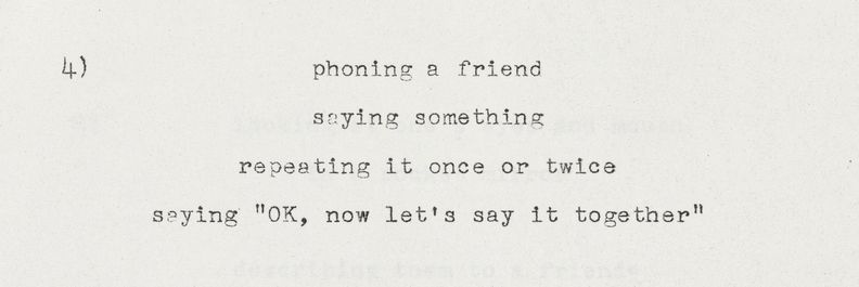 Rectangular horizontal white paper with black typewritten text in English. The number 4 is at top left. Four lines of double-spaced text run the length of the paper, each containing one phrase.
