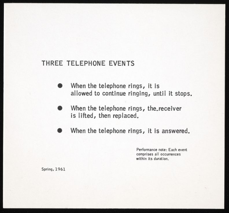 Square white page with black print in English that reads, Three Telephone Events in the center, aligned left followed by three bulleted instructions. There is also a performance note below the list in smaller font, aligned right. A date, Spring 1961, appears at bottom left. All the margins on the page are large.