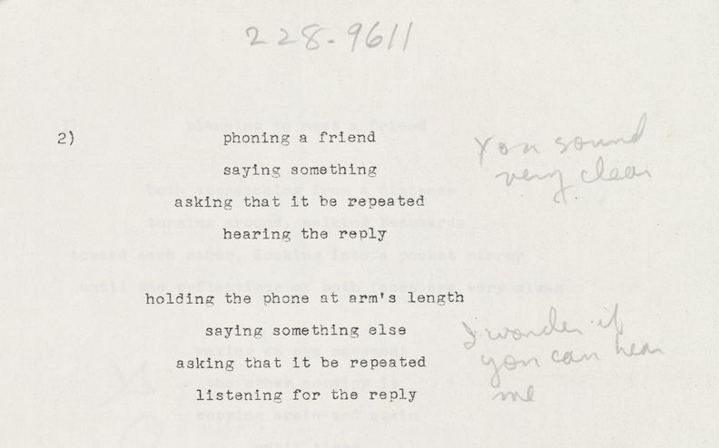 Rectangular horizontal white paper with black typewritten text in English. The number two is at top left. Eight lines of double-spaced text each with one phrase at center run the length of the paper. The numbers 228 9611 is written in pencil at the top center and there are also short phrases to right of text handwritten in pencil.