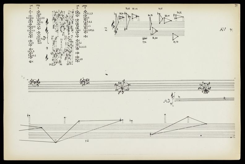 A horizontal cream-colored page, featuring black hand-drawn graphic notations made up of horizontal staff segments that contain circular note heads. Notes are often connected by curving or straight lines to create circular and triangular shapes atop or within the staff. Graphics contain other musical notation symbols, numbers, and letters. Page contains five graphics placed sparsely throughout the page.