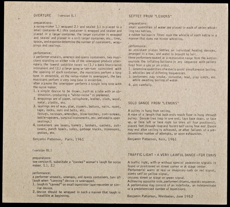 Brown paper with black typewritten text in English. Two columns run the length of the page and bisect it vertically. The title, Overture, is at top of first column followed by instructions for preparation and performance for versions 2 and 3. The second column also has both types of instructions, but with different pieces, Septet from Lemons, Solo Dance from Lemons, and Traffic Light, A very lawful dance, For Ennis. The bottom of this column has the text, Benjamin Patterson, Wiesbaden, June 1962.