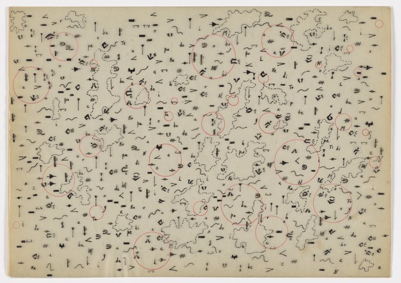 A white sheet filled with countless small abstract symbols. Symbols include musical expression remarks, dotted lines, and various squiggly lines. Some groups of symbols have a red circles of varying sizes surrounding them.
