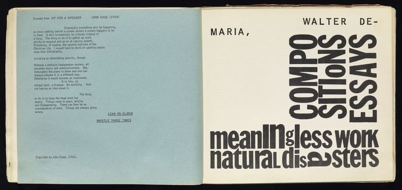 Spread of a book. The left side page is blue and includes English text. Toward the bottom of the page is text underlined and bolded that reads, Lean on Elbows, Whistle Three Times. The right page includes the text, Walter De Maria, Compositions Essays Meaningless Work Natural disasters. As previously, some of the words are rotated 90 degrees, and some letters are randomly larger than others.
