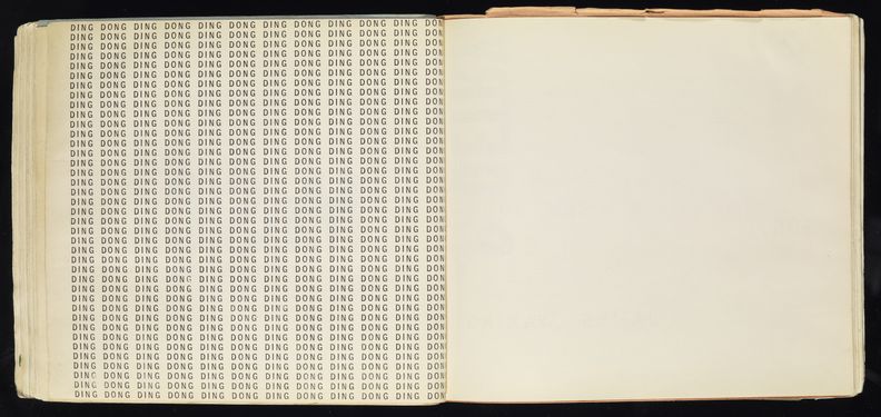 A spread of a book. The left side has the typed words, Ding Dong, repeated left to right, and also vertically, taking up the entire page. The right part of the spread is a blank white sheet.