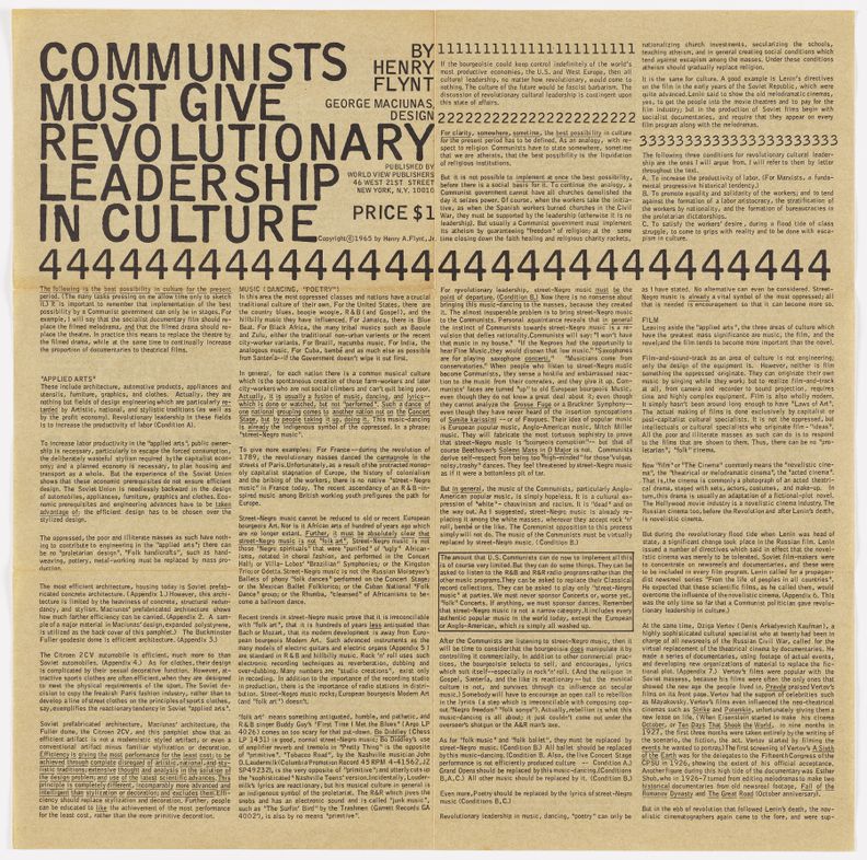 Square-shaped newspaper-like sheet with four columns of black print in English covering entire page. The title words, Communists Must Give Revolutionary Leadership in Culture are in top left corner across leftmost two columns. The words, By Henry Flynt, are to right of graphic in smaller text. Three lines made from consecutive numbers 1, 2, or 3 near top rightmost two columns, and the number 4 is printed horizonally across the entire page below the title.