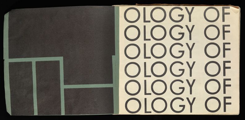 Spread of a book. Left side is an abstract black and green symbol appearing as letters T and H, while the right side has the words, ology of, printed 6 times on top of each other taking up the entirety of the page.