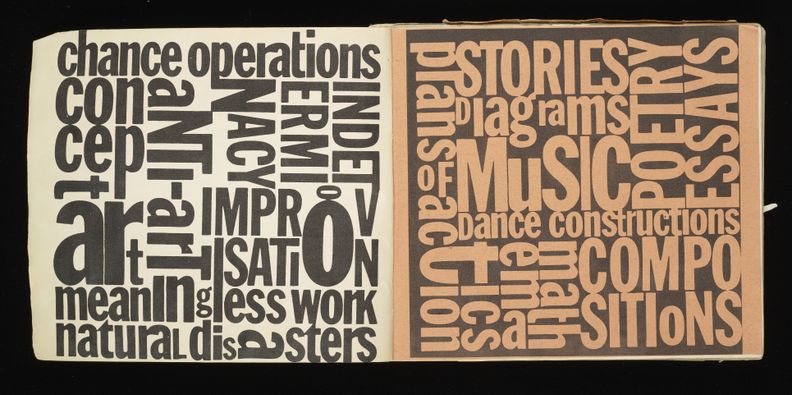 Spread of a book that includes many different words displayed vertically and horizontally at random. Letters within the words are also displayed in both directions and have different sizes.