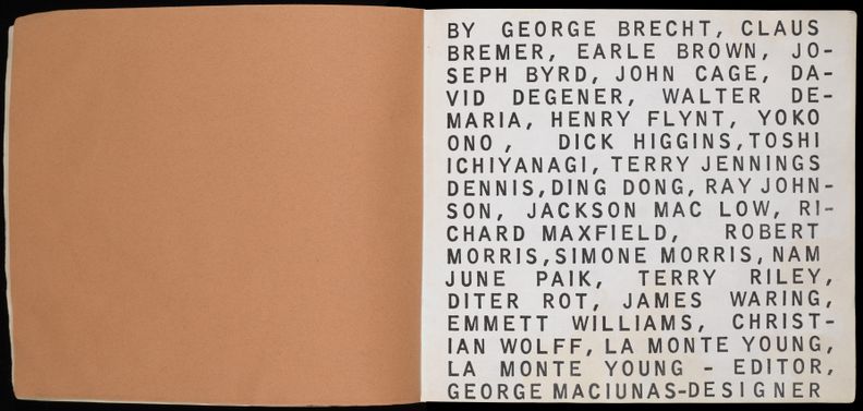Spread of a book. Left side is orange and blank while the right side is a list of numerous authors' names separated by commas that take up the entire page.