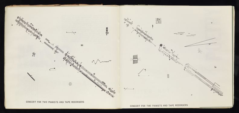 A spread of a book. On both sides there are two staves of music presented diagonally through the page using traditional musical notation and graphic notation. Other graphic symbols are present elsewhere throughout the pages.