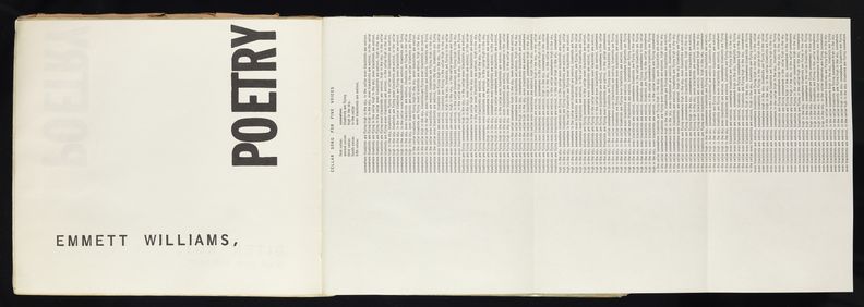 A spread of a book. The left side has the words, Emmett Williams, Poetry. The right has a column of tiny English text, running from the spine of the book outwards.