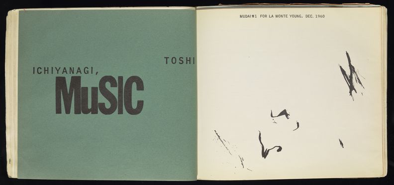 Spread of a book. The left side page is green and displays the text, Toshi Ichiyanagi, Music. The right side has the title of the composition, Mudai #1 for La Monte Young, at the top, and a few sparse, abstract brushstrokes of black at the bottom.