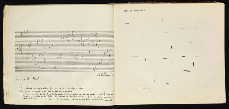 A spread from a book. On the left side is a large stack of musical staff lines, some of which have musical notes indicated on them in standard notation. Handwritten text is present underneath. On the right side is a white page with a sparse field of black line segments and rectangles of varying thicknesses. Lines and shapes oriented either vertically or horizontally.