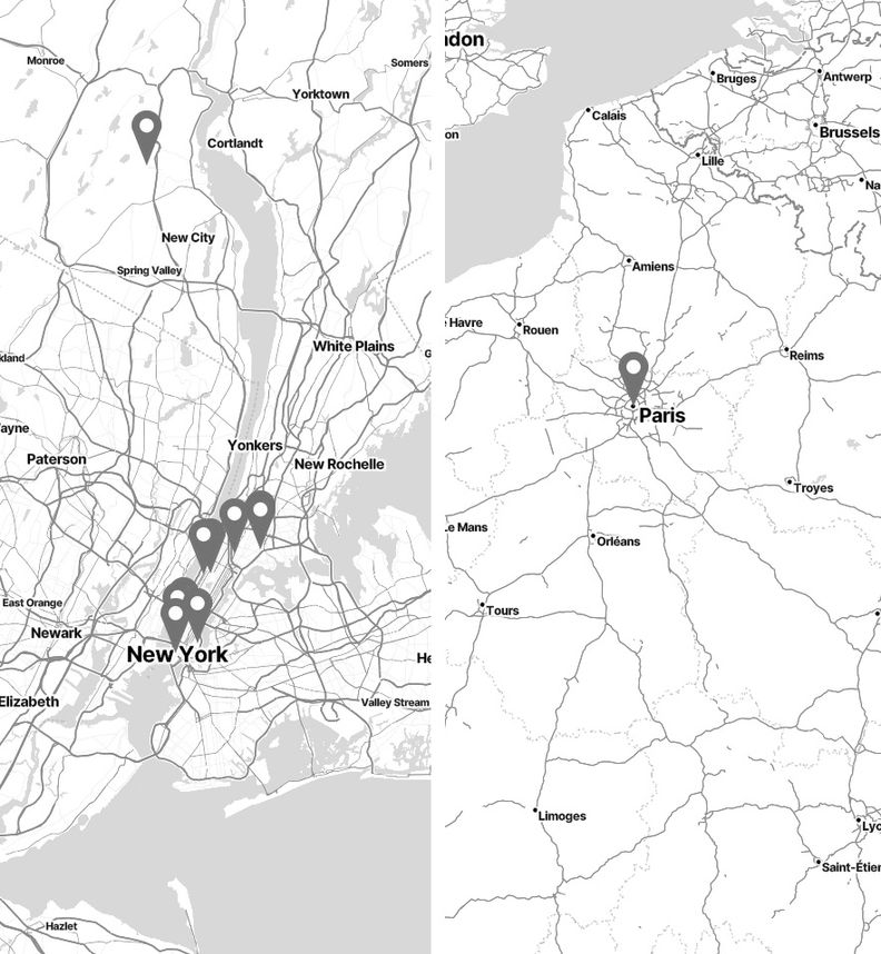 Customized Google map with pins dropped on various locations, mostly in the New York City area and one in Paris, showing where Mac Low created and sent his postcard scores.