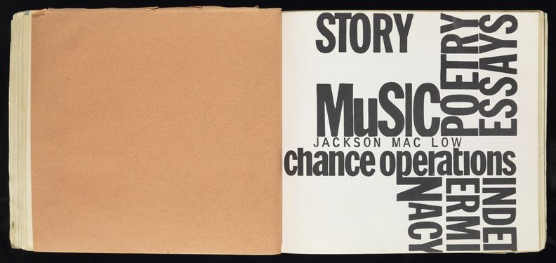 Two-page spread in bound book. Left, blank salmon-colored page. Right, a white page with black all-text graphic oriented in off center cross pattern. Horizontal text reads, from top to bottom, Story Music Jackson Mac Low Chance Operations. Vertical text reads from right to left Essays Poetry Indeterminacy. This graphic covers three quarters of page, with bottom left mostly empty.