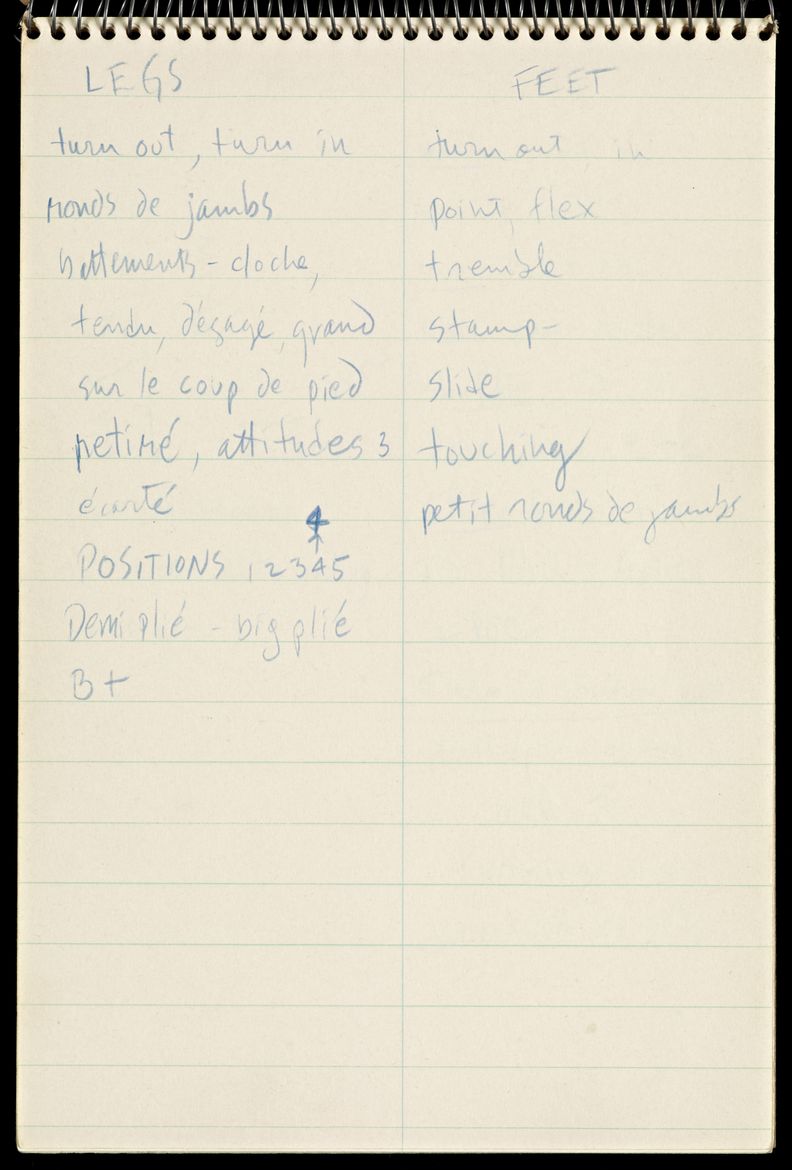 A page from a spiral bound notebook. The page has two columns with headers, Legs,and Feet. Under each header is a list of various bodily movements.
