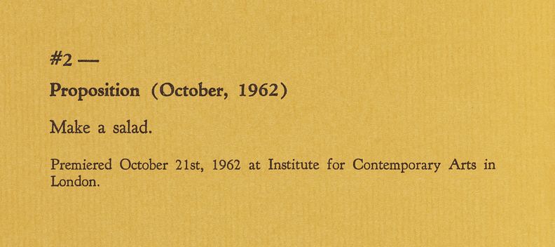 Horizontal rectangular brown paper displaying the title, #2, Proposition, October, 1962, followed by the instruction, Make a salad. Time, date and location of performance follow below. All text black print aligned left.