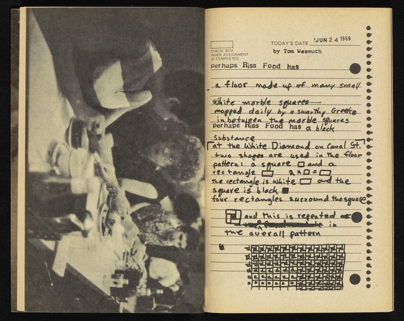 Two-page spread in notebook. Left page contains landscape-oriented black and white photograph of four people eating at a long table. Right page contains photocopy of lined notebook paper filled with handwritten and typewritten black text. Top right margin contains a date and the words, by Tom Wasmuth. There is a diagram of tessellated squares on bottom quarter.
