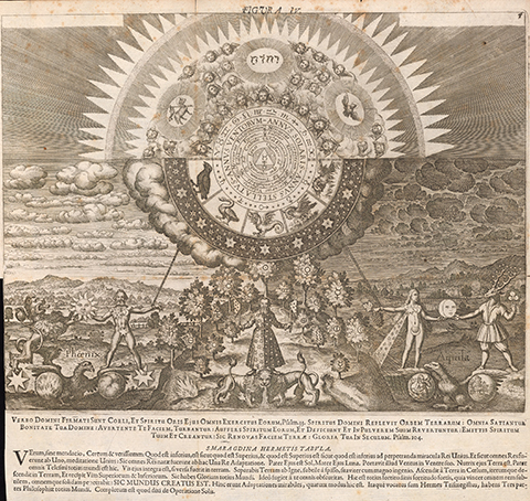 A landscape of symbolic figures and a forest bearing symbols of the planetary metals, with a heavenly arc above, containing enigmatic alchemical allegories 