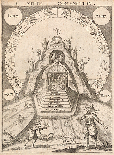 A mountain with seven terraces and a temple hidden within, whose steps each list a stage of the alchemical process. The seven planetary metals in human form stand on each terrace, while the zodiac is depicted in an arch around the mountain