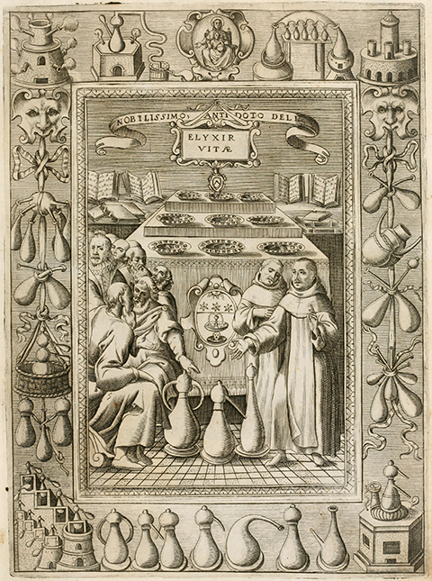 Engraving of monks standing around a distilling apparatus, with a decorative border of alchemical vessels