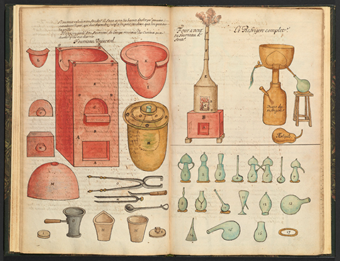 Brightly colored alchemical tools and equipment 