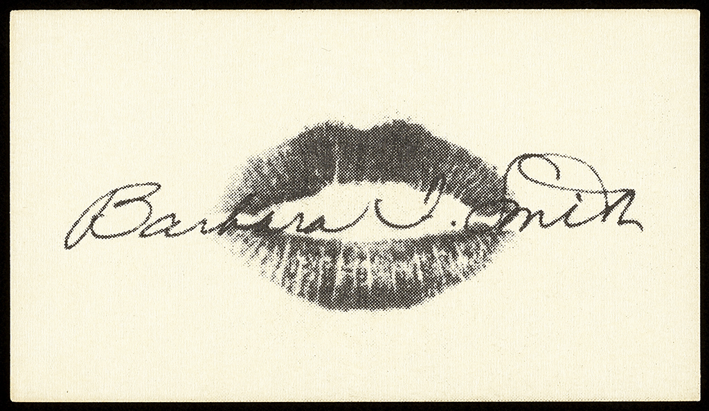 A sepia-colored business card features a lipstick mouth print in black ink with “Barbara T. Smith” signed in cursive across the middle.