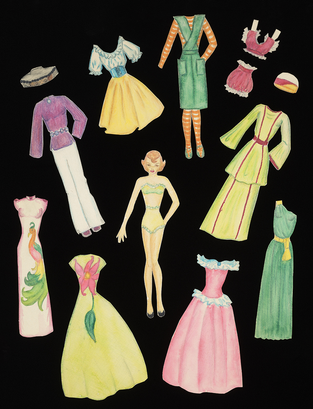 A photograph of a paper doll figurine in a matching green underwear set is surrounded by various colorful dresses and outfits set against a black background.