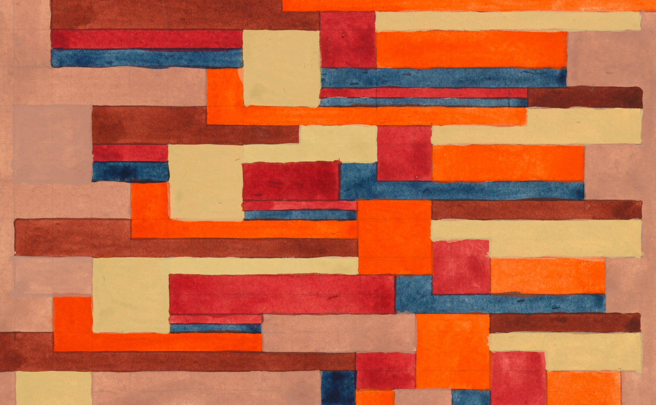 A weaving study for a course at the Bauhaus features squares and rectangles colored red, orange, tan, and blue.