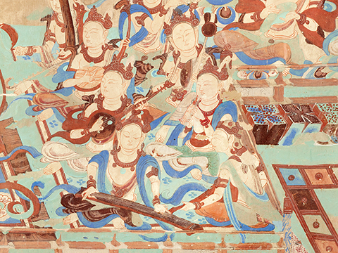 Wall painting of celestial musicians playing lutes, flutes, and a stringed instrument
