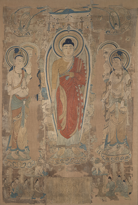 Large embroidered textile depicting a miraculous image of the Buddha surrounded by bodhisattvas and disciples