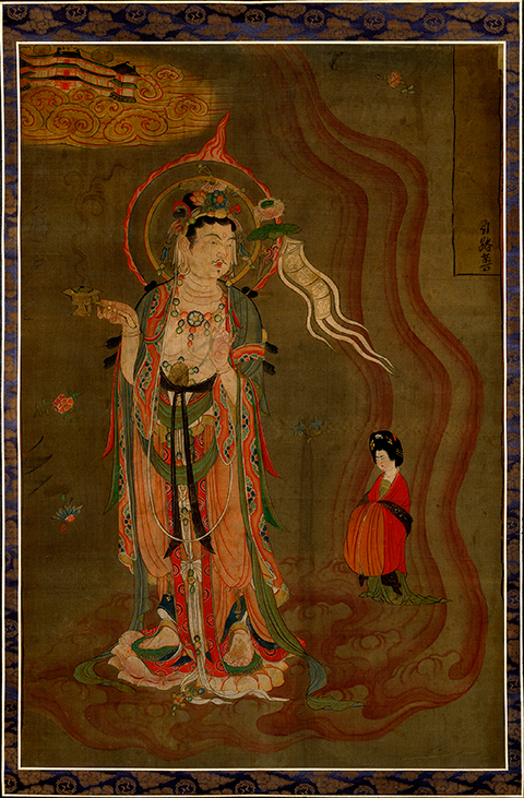 A bodhisattva guides the spirit of a deceased Tang dynasty noblewoman to a distant, glowing paradise