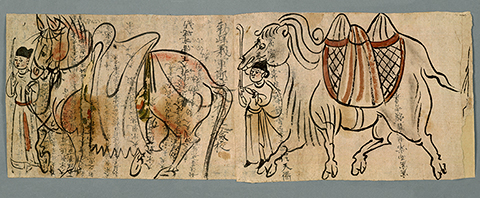 A groom leading a horse, followed by a groom leading a camel, process across the handscroll