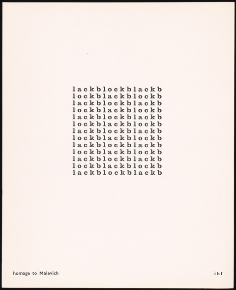 In this print, a square of black letters repeats four words: "lock, lack, block, black," in various combinations creating shifting meanings. 