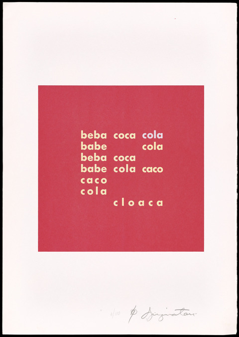A red screen print reproducing a concrete poem that satirizes advertising and consumerism. 