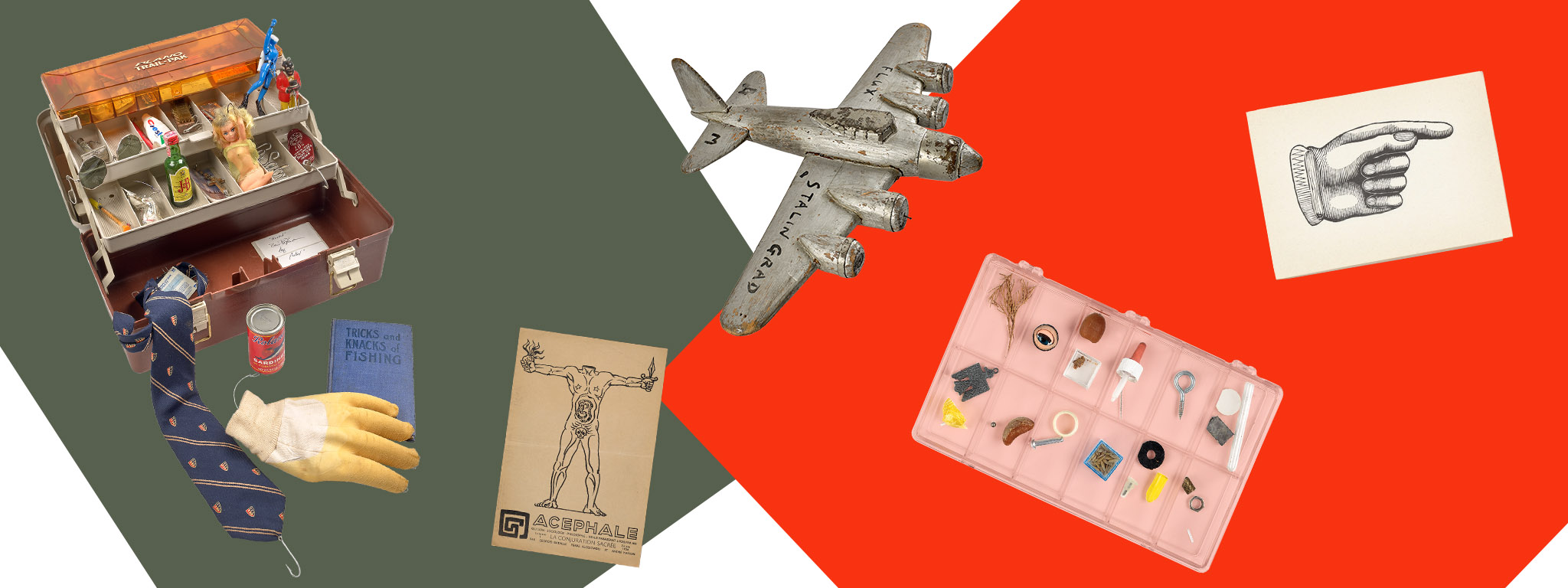 an array of Fluxus art objects, including print drawings, a World War II–era plane, and a tackle box full of figurines 