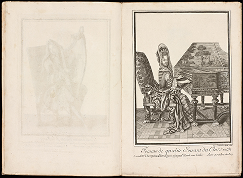View of open book displaying a 17th century print of a woman playing a beautifully painted harpsicord