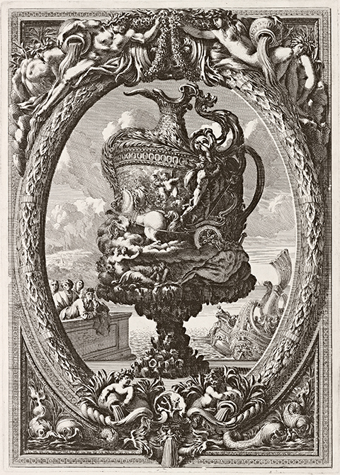 Design elements from the rococo era of King Louis XIV, the Sun King, 17th  century. 1-7 after Jean Berain, 8-10 from the Museum of Decorative Arts.  Chromolithograph designed and lithographed by Ernst