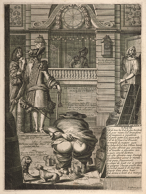 A comical 17th century print of a man baring his bottom and defecating in public