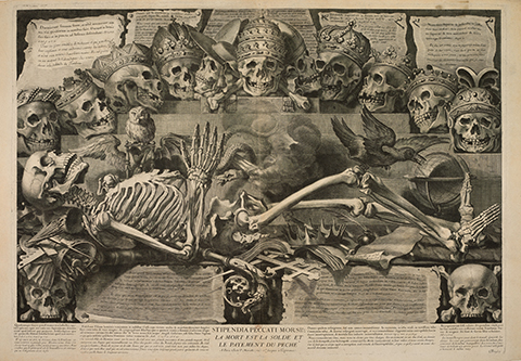 A 17th century print of skulls and a skeleton 