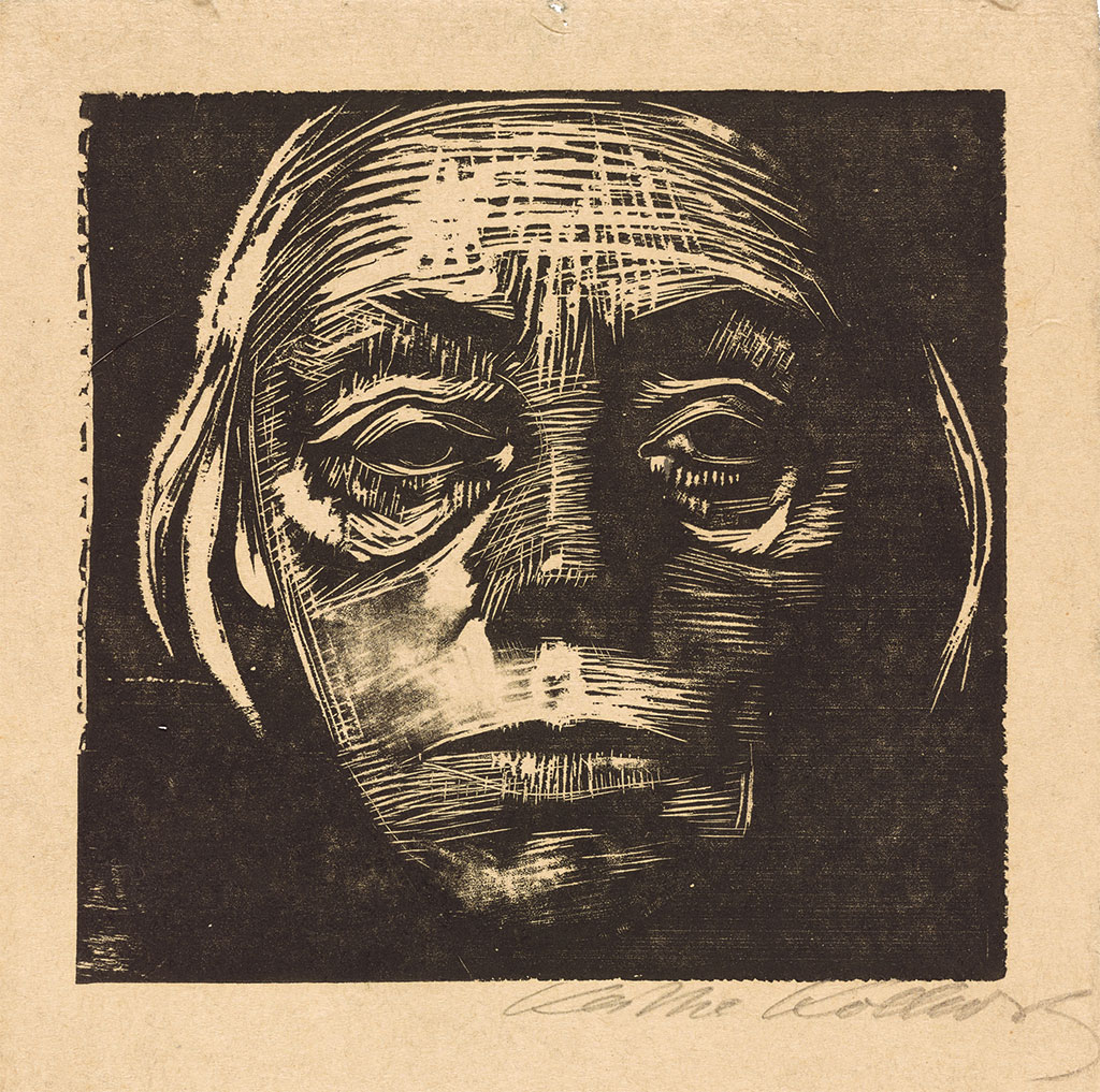 A woodcut on paper shows a self-portrait of the artist's face against a black square.
