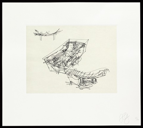 Print of one of Frank Gehry's pen and ink sketches of the Walt Disney Concert Hall, which features views of the performance space. 