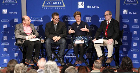 photo of panelists: Lamb, Perloff, Alcarez, Kaplan