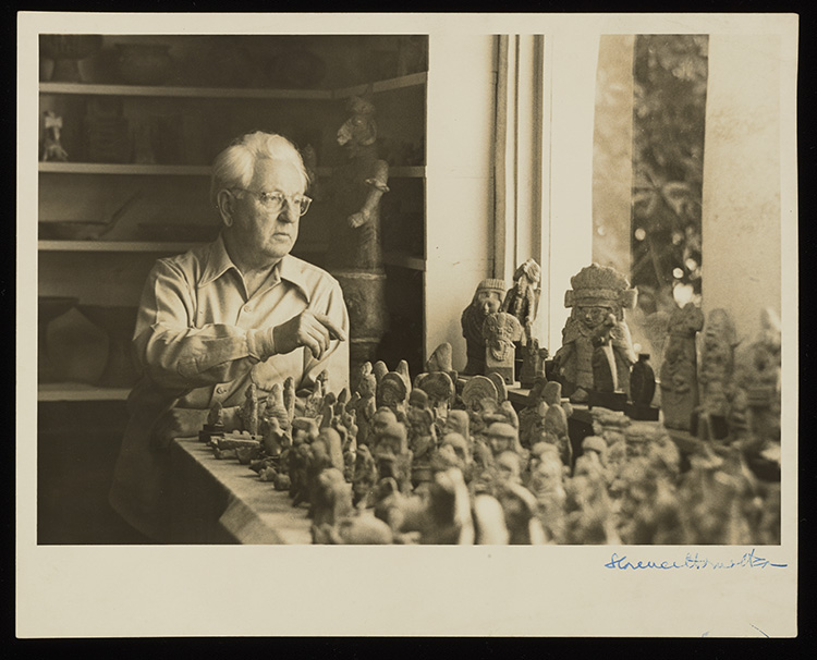 Earl Stendahl with pre-Hispanic sculptures 