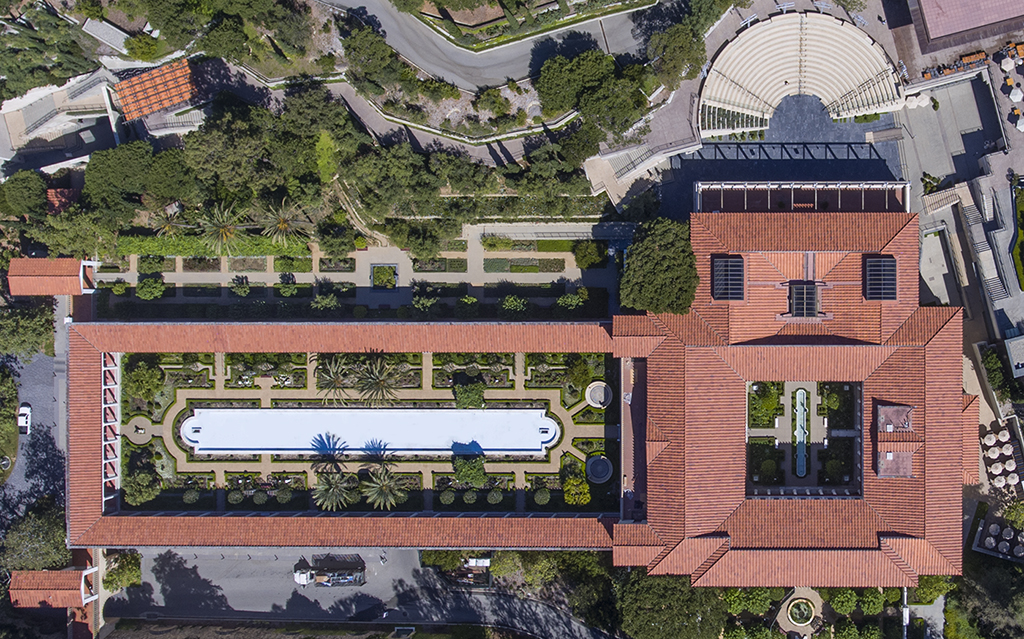 An aerial view of the Getty Villa that shows the overall architecture of the museum and gardens.